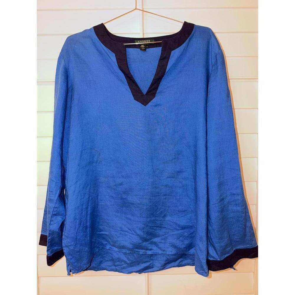 Lauren by‎ Ralph Lauren blue tunic top with navy trim size L 100% Linen - Picture 3 of 7